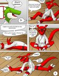  age_difference claws comic dialog digimon guilmon hector21314 hi_res scalie sitting spanish_text stretching text toe_claws yellow_eyes 