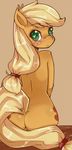  anthro anthrofied applejack_(mlp) back blonde_hair blush butt cutie_mark equine exotic_pupils female freckles friendship_is_magic fur green_eyes hair heart-shaped_pupils horse hua113 long_hair looking_at_viewer looking_back mammal my_little_pony nude orange_background orange_fur plain_background pony pussy sitting solo 