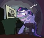 butt computer english_text equine female feral friendship_is_magic fur furious_masterbation hair horn horse mammal masturbation multi-colored_hair my_little_pony pony purple_fur pussy_juice sitting solo text twilight_sparkle_(mlp) winged_unicorn wings 