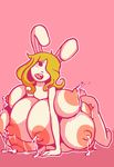  all_fours big_breasts blonde_hair breasts female hair huge_breasts hyper hyper_breasts invalid_tag lactating lagomorph mammal messy milk multi_breast nipples nude pink_background plain_background rabbit rumbling_gear teeth tongue 