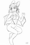  anthro bat breasts chest_tuft etuix fangs female fur hair long_hair looking_at_viewer mammal monochrome navel no_nipples nude piercing plain_background pose sketch smile solo tasteful_nudity tuft white_background winged_arms wings 