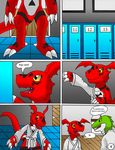  claws comic crying dialog digimon forced guilmon hector21314 lockers scalie spanish_text tears text toe_claws violence yellow_eyes 
