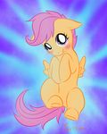  abstract_background blush cub cute equine female feral friendship_is_magic fur furreon hair horse looking_at_viewer low_res lying mammal my_little_pony on_back orange_fur overhead pegasus pony purple_eyes purple_hair scootaloo_(mlp) short_hair solo spread_wings wings young 