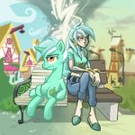  alternate_universe amber_eyes back_to_back bench bored bracelet building bushes city clothing cloud clouds cutie_mark duo ear_piercing equine female feral friendship_is_magic frown fur gold grass green_hair hair horn horse house human humanized jewelry lamppost long_hair lyra_(mlp) lyra_heartstrings_(mlp) mammal my_little_pony navel outside pants piercing pony ponyville shirt shoes sitting sky theartix theartrix tower two_tone_hair unicorn white_hair window yellow_eyes 