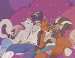  anthro aviators beverage breasts camel_toe canine cat cigarette clothed clothing feline female fox grope group groupies half-dressed male mammal nipples on_bed rockstar skunk smoking straight sway tattoo thestory threesome topless 