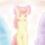  amber_eyes anthro anthrofied apple_bloom_(mlp) blue_penis blush cub equine female friendship_is_magic fur group hair horse lamiaaaa male mammal my_little_pony nude penis plain_background pony purple_penis red_hair smile standing thick_penis yellow_fur young 
