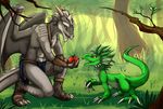  ambiguous_gender anthro apple beard biceps bracelet claws clothing crouching digitigrade dragon duo facial_hair feral forest fruit grass gray_dragon green_body green_hair grey_scales hair horn jewelry loincloth male outside sandals shadowkeeper size_difference syrinoth toe_claws topless tree wings yellow_eyes 