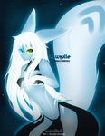  banshee blue_eyes blue_fur blue_theme breasts cloth clothing dawniie female fluffy_tail fur glowing glowing_eyes green_eyes hair herbsthase heterochromia ice_banshee long_ears long_hair na-namie solo stars tight_clothing white_hair 