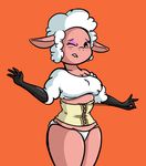  blush caprine corset female leggy_lamb mammal one_eye_closed sheep sweat unknown_artist 