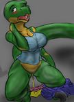  aisha_neavi big_breasts breasts butt claws crouching dinosaur embarrasing embarrassed female peeing plain_background pussy raptor scalie solo thighs urine watersports wide_hips 