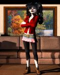  anthro belt black_nose border_collie breasts canine clothed clothing collie&#039;s_game collie's_game dog fangs female green_eyes hair long_hair mammal painting panties pigtails red_shirt shoes short_skirt sofa solo teeth underwear vic34677 