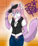  bracelet clothing ear_piercing fur hair hat jewelry necklace orange_background pants piercing pink_fur pink_hair plain_background roxy smile tongue tongue_out vest white_belly white_ears white_fur wolflady yellow_nose 