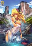  blonde_hair bracelet breasts careless_whisper eyes_closed female flower flower_in_hair hair human jewelry mammal mountain not_furry reiq river scenic solo water waterfall wet 