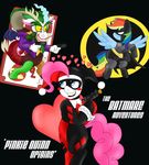  &lt;3 antlers batman batman_(series) blackbewhite2k7 blue_eyes blue_fur clothing cosplay crossover discord_(mlp) draconequus equine fangs female feral friendship_is_magic fur grin gun hair harley_quinn horn horse male mammal multi-colored_hair my_little_pony parody pegasus pink_hair pinkie_pie_(mlp) pony rainbow_dash_(mlp) ranged_weapon red_eyes smile weapon wings 