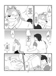  back_turned biceps big_muscles black_nose blush canine clothing comic dialog english_text eyes_closed facial_markings from_behind fur greyscale hiroyuki hug human male mammal manya markings monochrome morenatsu muscles my_summer_with_the_captain pants scar shirt ten_kodori text wolf 