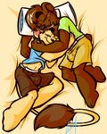  anthro bear bed black_nose blush brown_fur brown_hair clothed clothing diaper duo eyes_closed fluffy_tail fur hair hug lilchu male mammal pillow unknown_species 