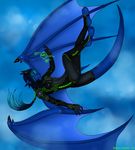  asato black_horns black_latex blue_dragon blue_hair blue_skin blue_wings cloud clouds dragon eliana eliana-asato ena falling female glowing green_eyes hair horn long_hair rubber sad scalie skinsuit sky suit wings 