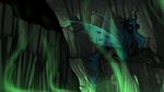  cat_eyes cave changeling fangs female friendship_is_magic green_eyes green_hair green_theme hair holes horn kittehkatbar long_hair lying my_little_pony queen_chrysalis_(mlp) rock shadow slit_pupils solo steam wings 