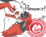  ambiguous_gender angry claws collar english_text leash nintendo open_mouth plain_background pok&#233;mon pok&eacute;mon red_eyes seal shin_(artist) shouting text video_games white_background zangoose zangoose_day 