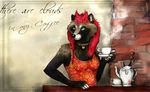  black_fur coffee collar ear_piercing female fur hair piercing red_hair tanuki tanuki_(artist) 