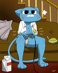  breasts cat cereal clothing concentrating concentration controller feline female game_controller gamer mammal milk_carton nicole_watterson open_shirt panties shirt sitting skirt slypon sofa solo sweat the_amazing_world_of_gumball underwear video_games 