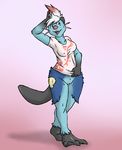  anthro barefoot blue_eyes bottomless clothing dewott female mammal mustelid nintendo otter pok&#233;mon pok&#233;morph pok&eacute;mon pussy shirt video_games webbed_feet 