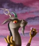  antler antlers black_hair cannibalus cloud clouds discord_(mlp) draconequus facial_hair friendship_is_magic glass hair horn looking_at_viewer male my_little_pony portrait red_eyes solo 