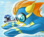  amber_eyes ambiguous_gender blue_fur blue_hair bodysuit brian_mcpherson clothed clothing duo english_text equine eyewear feral flying friendship_is_magic fur goggles hair horse mammal multi-colored_hair my_little_pony orange_hair pegasus pony race racing shadowbolts_(mlp) signature simple_background skinsuit sky speed spitfire_(mlp) tears text two_tone_hair wings wonderbolts_(mlp) yellow_fur 