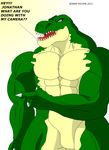  abs angry anthro biceps claws dialog dinosaur fangs flexing green_skin grey_eyes lizard male maxime-jeanne muscles nude open_mouth pecs pose reptile scales scalie solo standing teeth text theropod thomas_carter toned tongue tyrannosaurus_rex vein yellow_skin 