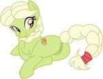  anus blonde_hair cutie_mark equine female feral friendship_is_magic fur granny_smith_(mlp) green_fur hair horse lying mammal my_little_pony plain_background pony pussy smile solo white_background zinnthos 
