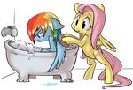  alpha_channel ambiguous_gender bath bathing bathtub blue_fur briskby cutie_mark duo equine female feral fluttershy_(mlp) foam friendship_is_magic fur grumpy hair horse inside mammal multi-colored_hair my_little_pony pegasus pony rainbow_dash_(mlp) rainbow_hair sitting smile standing water wet wet_hair wings yellow_fur 