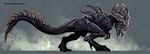  abstract_background alien alien_(franchise) ambiguous_gender barefoot bipedal black_body detailed dinosaur drooling eyeless feral grey_background monster nebezial nude paws plain_background pose saliva saliva_string saliva_trail scalie sharp_teeth side_view simple_background solo standing tail_blade teeth xenomorph 