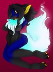  akuoreo alternate_color anthro anthrofied black_hair black_sclera breasts canine chest_tuft collar cute eeveelution female flareon fur glowing hair looking_at_viewer mammal nintendo plain_background pok&#233;mon pok&#233;morph pok&eacute;mon pok&eacute;morph pose slit_pupils smile solo tuft video_games yellow_eyes 