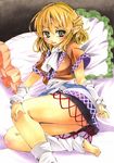  arm_warmers barefoot bed blonde_hair error feet frilled_pillow frills green_eyes hair_in_mouth half_updo leg_warmers lying marker_(medium) mizuhashi_parsee mouth_hold pillow pointy_ears shie_(m417) solo toeless_legwear touhou traditional_media 