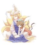  animal_ears bad_id bad_pixiv_id blonde_hair book brown_eyes brown_hair cat_ears cat_tail chen fox_tail hat ippaiccha kneeling long_sleeves multiple_girls multiple_tails no_nose petting pillow_hat reading short_hair socks tail tassel touhou v_arms white_background yakumo_ran yellow_eyes 