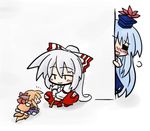  animal_ears blue_hair blush chibi dog-suika dog_ears dog_tail fujiwara_no_mokou hair_ribbon hat horns ibuki_suika kamishirasawa_keine lowres minigirl multiple_girls orange_hair peeking peeking_out ribbon silver_hair tail touhou yanagi_(nurikoboshi) 