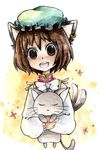  animal_ears bad_id bad_pixiv_id brown_eyes brown_hair cat cat_ears cat_tail chen earrings hat jewelry momiji_(lucario) multiple_tails short_hair smile solo tail touhou 