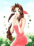  aerith_gainsborough bad_id bad_pixiv_id bare_shoulders bow breasts brown_hair cleavage dress drill_hair final_fantasy final_fantasy_vii green_eyes jpeg_artifacts long_hair medium_breasts pink_bow pink_dress ponytail solo trimcolor very_long_hair 