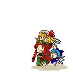  &gt;_&lt; :d chibi chibi_on_head cirno closed_eyes flandre_scarlet hong_meiling multiple_girls on_head open_mouth person_on_head playing simple_background smile socha touhou xd |_| 