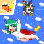  antennae bar_censor barefoot blonde_hair blush_stickers bottomless bow cape censored chibi closed_eyes cloud day flying green_hair hair_bow hat hat_bow kirisame_marisa lowres mario_(series) multiple_girls myonde oekaki parody super_koopa super_mario_bros. super_mario_world tears touhou witch_hat wriggle_nightbug 