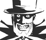 beard cowboy_bebop evil_grin evil_smile facial_hair greyscale grin happy hat high_contrast kusaba_(kusabashiki) lowres mad_pierrot male_focus monochrome neck_ruff smile solo teeth top_hat you_gonna_get_raped 