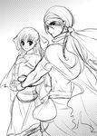  1girl bad_id bad_pixiv_id blush bow couple dragon_quest dragon_quest_v flora greyscale hair_bow half_updo hero_(dq5) hetero holding_hands monochrome ookami_ryousuke pouch sketch smile 