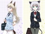  agahari alternate_costume animal_ears bag black_legwear blue_eyes blush cat_ears eila_ilmatar_juutilainen green_eyes long_hair multiple_girls necktie pantyhose ribbon sanya_v_litvyak satchel school_uniform short_hair silver_hair strike_witches tail white_legwear world_witches_series 