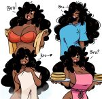  1girl absurdres apron black_hair blue_shirt bra breasts bro-girl_(murgoten) cleavage closed_eyes dark-skinned_female dark_skin english_text hair_over_one_eye heart highres huge_breasts long_hair looking_at_viewer mole mole_under_eye multiple_views murgoten naked_apron naked_towel open_mouth original shirt simple_background spoken_heart towel underwear white_background wide_hips 