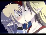  blonde_hair blush closed_eyes couple half_updo hazuki_kasane highres horn hoshiguma_yuugi kiss letterboxed mizuhashi_parsee multiple_girls pointy_ears touhou yuri 