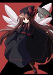  boots bow bowtie brown_hair dress fairy hat kedama lily_black lily_white long_hair red_eyes solo touhou vu_(oyavun) wings 