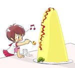  beamed_eighth_notes cup food happy holding holding_spoon kabiinyo_(kab) musical_note omurice original oversized_food oversized_object school_uniform short_hair solo spoken_musical_note spoon table vegetable water 