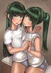  ass breast_press breasts buruma green_eyes green_hair half_updo higurashi_no_naku_koro_ni medium_breasts multiple_girls ponytail siblings sisters sonozaki_mion sonozaki_shion symmetrical_docking twins zenkou 