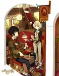  antlers bad_id bad_pixiv_id black_hair cake food horns male_focus multiple_boys pastry pillar pixiv_fantasia pixiv_fantasia_3 scissors shoes silver_hair stairs tools yugamu_neiro 