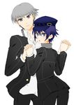  1girl androgynous bad_id bad_pixiv_id blue_eyes blue_hair cabbie_hat couple grey_eyes grey_hair hat hetero holding_hands mot narukami_yuu persona persona_4 reverse_trap school_uniform shirogane_naoto short_hair smile 